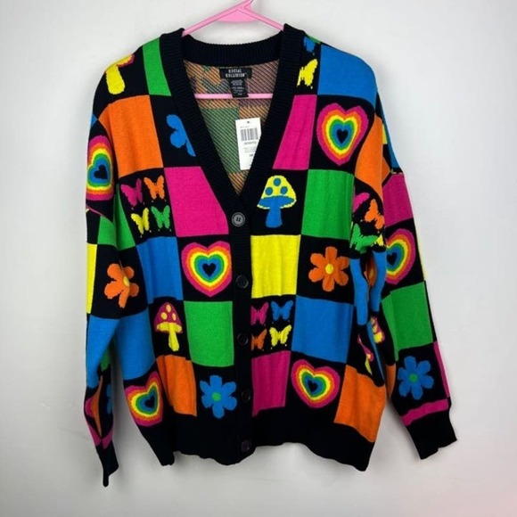 Social Collision Rainbow Retro Patchwork Knit Cardigan Womens Size small NWT - Picture 2 of 8